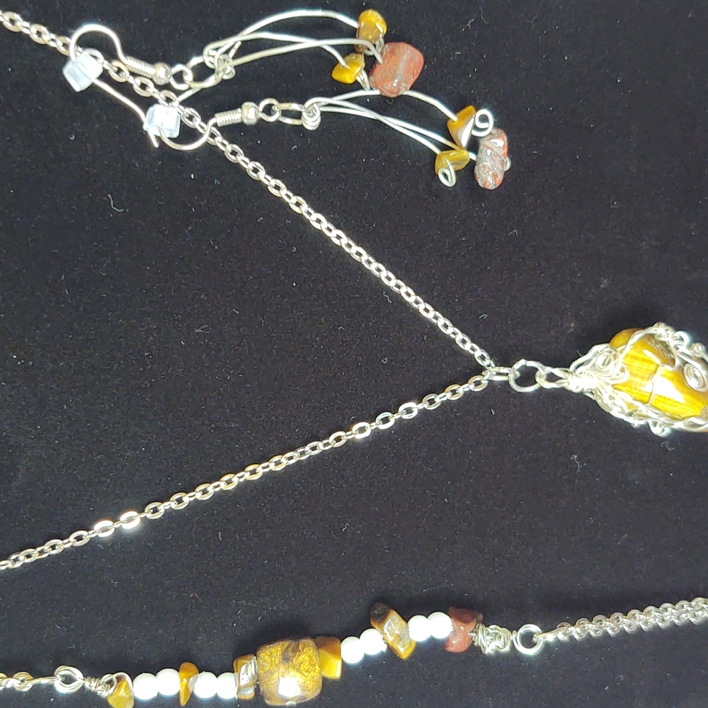 Tiger eye stone four piece set necklace bracelet and earrings handcrafted sterli